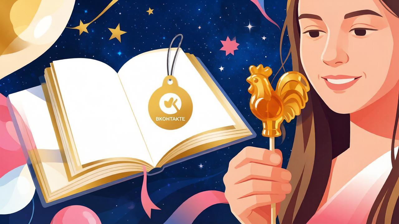 Коллаж из символов праздников 8 сентября: книга, логотип соцсети и леденец на звёздном фоне